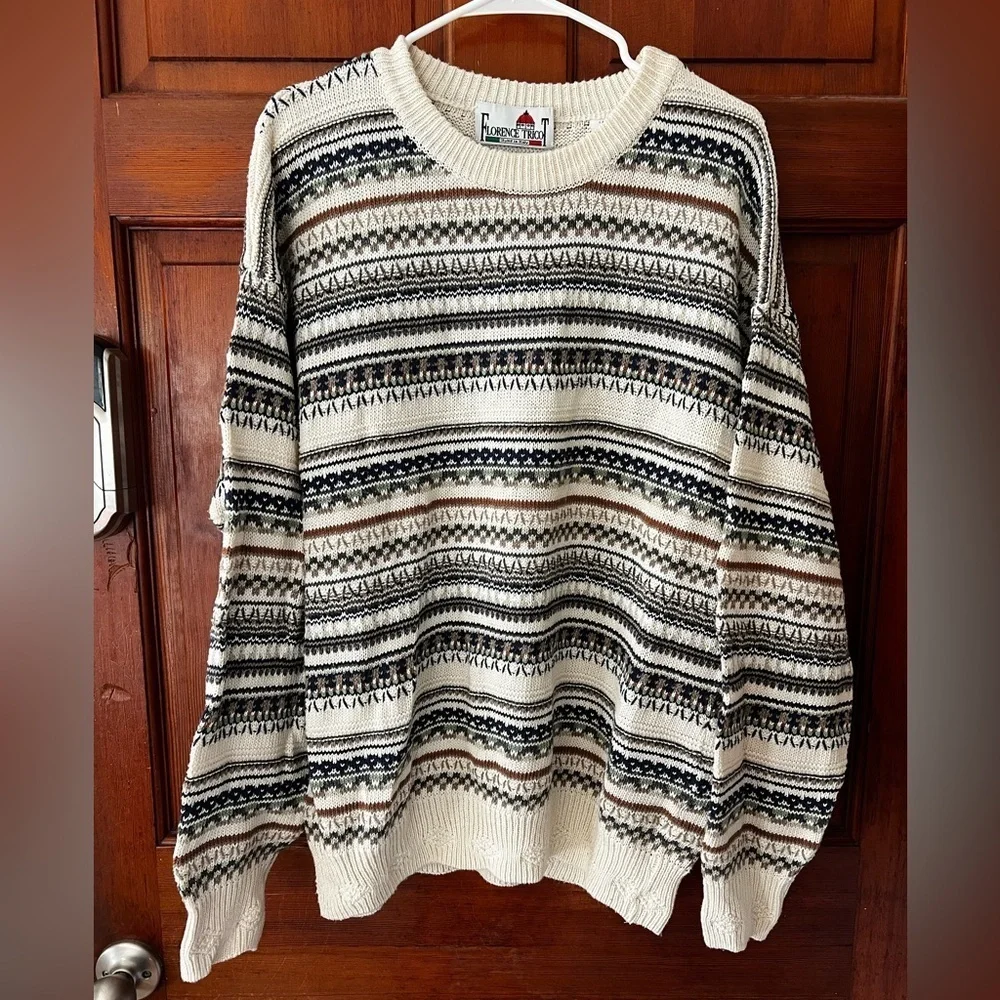 Vintage Florence Tricot Knit Sweater L — Cosby Style / 90s Textured Pattern